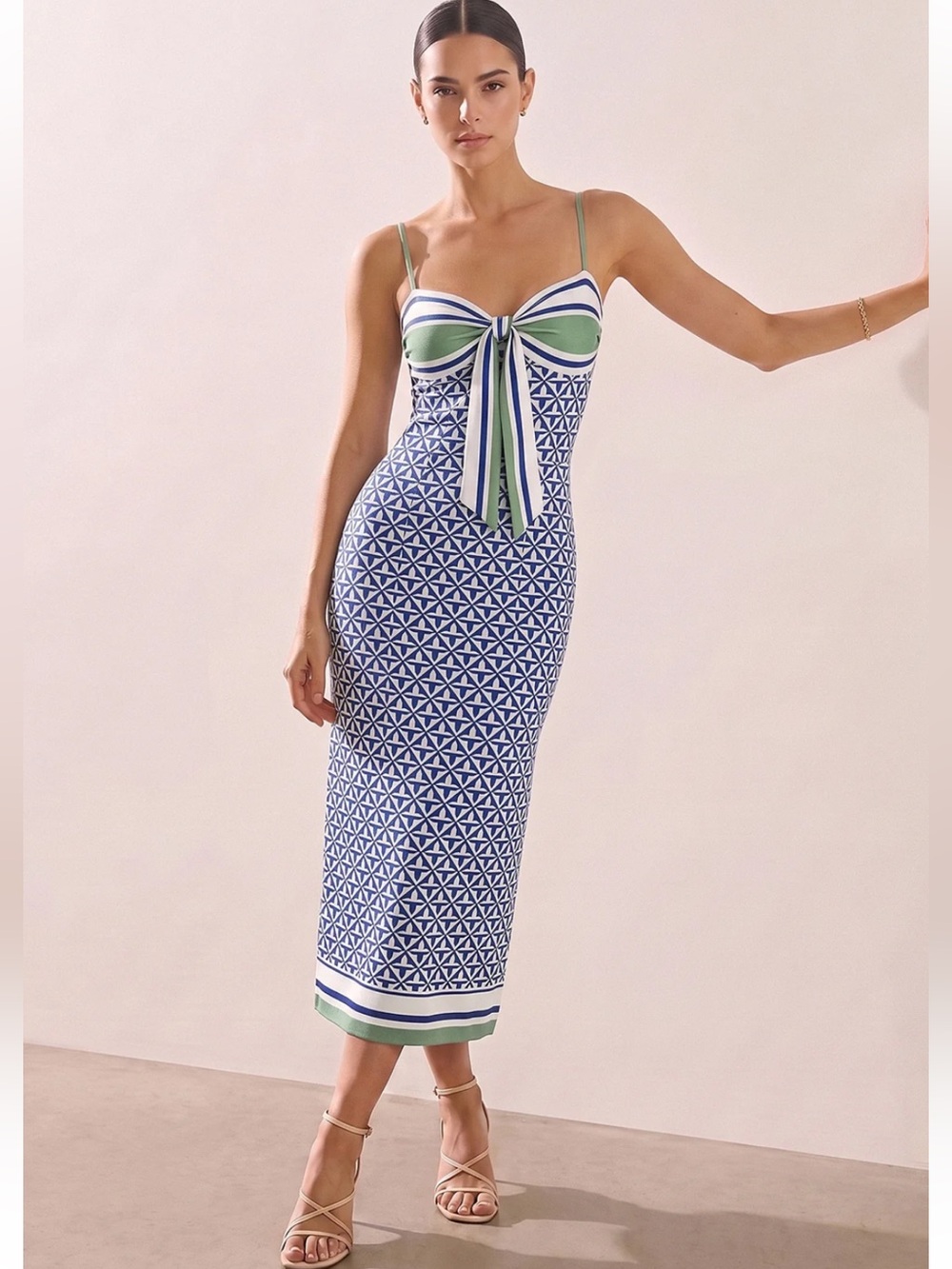 Commense Blue & Green Geometric Knit Midi Dress